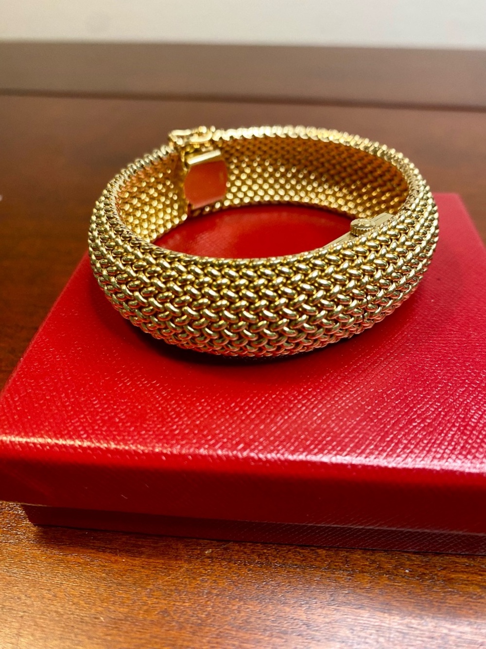 Mid Century Ladies 14k Yellow Gold Mesh Bracelet with Hidden Watch OMEGA Vintage